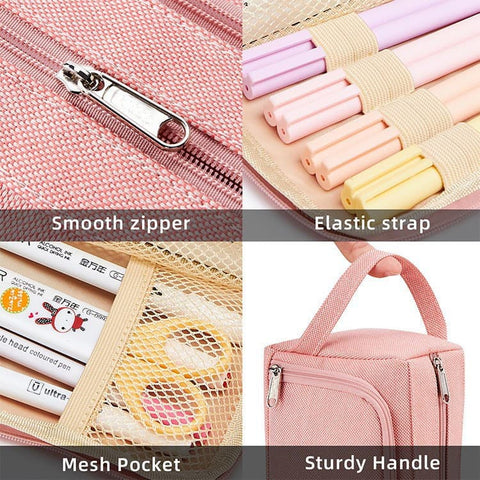 Large Capacity Pencil Case 4 Compartments, Black, Pink, Green, for School Travel, with 4 Compartments