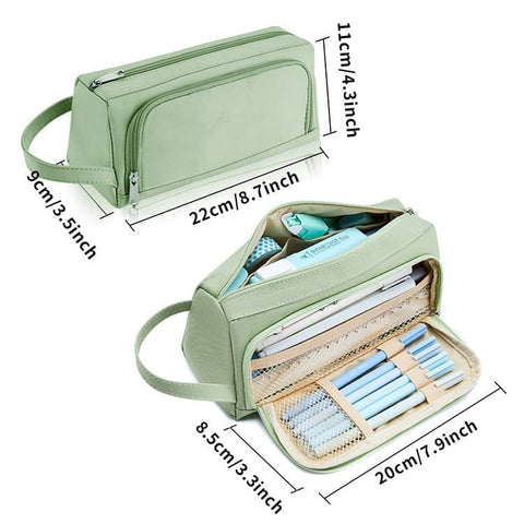 4 Compartments Large Capacity Pencil Case for School Students Travel, Green Pink Black, 9.8 x 5.5 inches