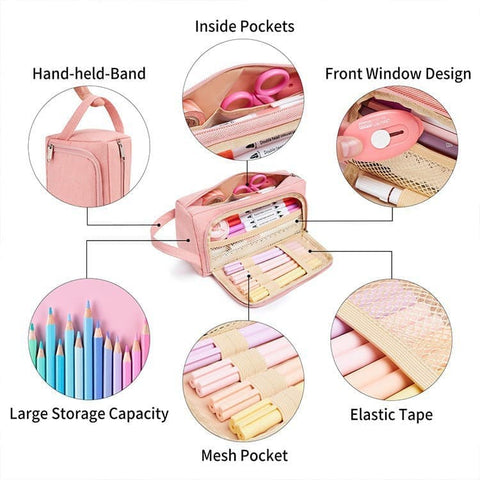 4 Compartments Large Capacity Pencil Case for School Students Travel, Green Pink Black, 9.8 x 5.5 inches