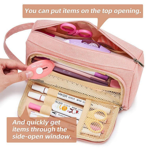 4 Compartments Large Capacity Pencil Case for School Students Travel, Green Pink Black, 9.8 x 5.5 inches