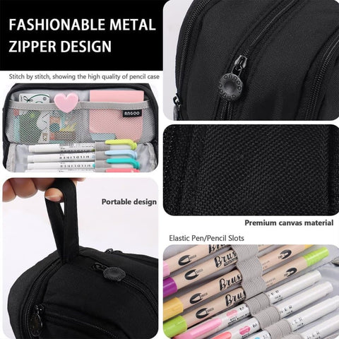 4 Compartments Multifunctional Pencil Case with Handle, Portable Pencil Bag, Black, Large
