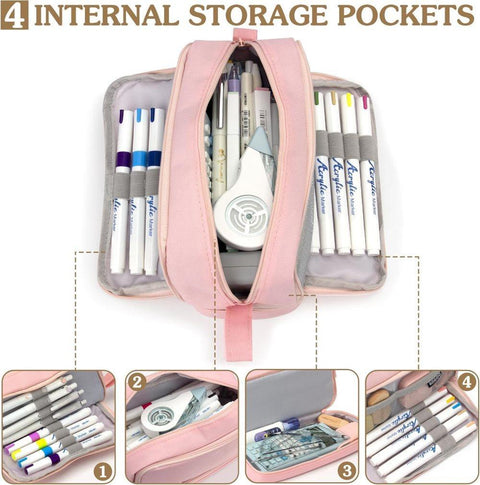Large Pencil Case with 4 Compartments, Portable Multifunctional Pencil Bag with Handle, Pink