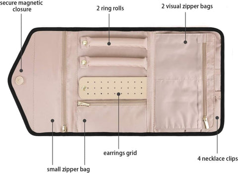 Black Travel Jewelry Box with Compartments, 23cm, Compact Jewelry Storage Bag Easy to Carry in Your Bag