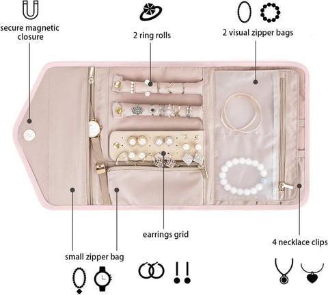 Compact Travel Jewelry Box with Compartments, Pink, 23cm