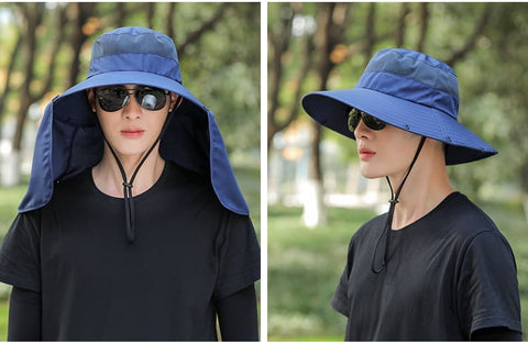 UV Protection Foldable Sun Hat with Neck Protection, Fishing and Hiking Cap, Dark Blue