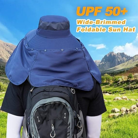UV Protection Foldable Sun Hat with Neck Protection, Fishing and Hiking Cap, Dark Blue