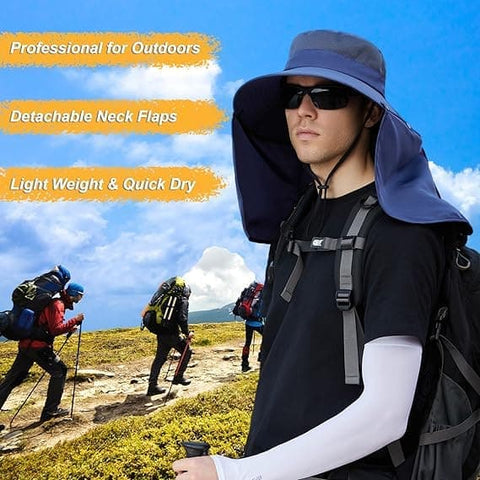 UV Protection Foldable Sun Hat with Neck Protection, Fishing and Hiking Cap, Dark Blue