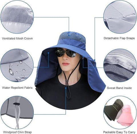 UV Protection Foldable Sun Hat with Neck Protection, Fishing and Hiking Cap, Dark Blue