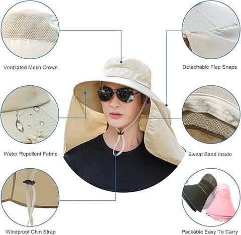 Foldable Sun Hat with Neck Protection UV Protection Fishing and Hiking Cap, Beige