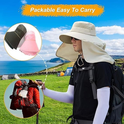 Foldable Sun Hat with Neck Protection UV Protection Fishing and Hiking Cap, Beige