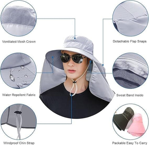Foldable Sun Hat with Neck Protection UV Protection Fishing and Hiking Cap, Light Gray