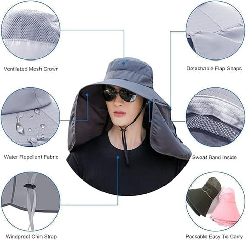 Foldable Sun Hat with Neck Protection UV Protection Fishing and Hiking Cap, Dark Gray