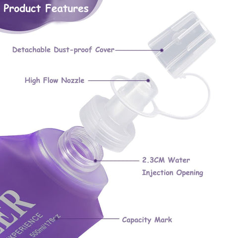 500ml Foldable Water Bottle BPA-Free Soft Bottle for Marathons Camping Hiking, 500ml, Purple