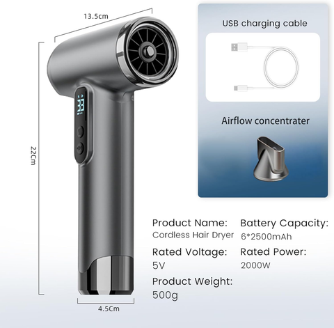 Rechargeable Cordless Handheld Hair Dryer with LED Temperature Display, Portable USB Wireless Mini Blow Dryer for Travel Camping Home Use（White）