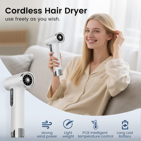 Rechargeable Cordless Handheld Hair Dryer with LED Temperature Display, Portable USB Wireless Mini Blow Dryer for Travel Camping Home Use（Gray）