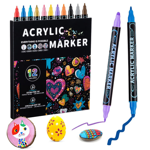 12-Color Dual-Tip Acrylic Marker Set, 1-5 mm Round Tip and 1 mm Fine Tip Paint Pens