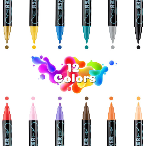 12-Color Dual-Tip Acrylic Marker Set, 1-5 mm Round Tip and 1 mm Fine Tip Paint Pens
