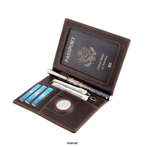 Crazy Horse Leather Passport Wallet with AirTag Holder, RFID Travel Document Organizer