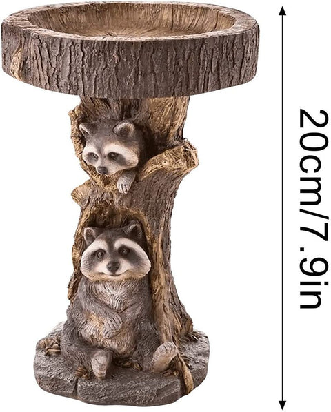 Raccoon Resin Bird Bath Feeder for Garden Decor, Tree Stump Style Outdoor Bird Feeder, 9.8 x 6.6 x 5.9 in