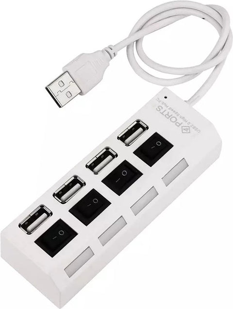 HI Speed 4-Port USB 2.0 Hub I Hub Splitter I On/Off Switch I LED I Up to 480 MB/s I White