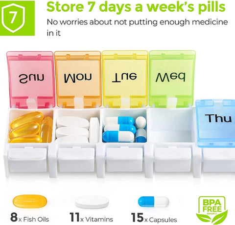 Pill Box | Pill Box | Medicine Box | Pill Box | Sunday to Saturday | 7 Days | 1 Week | Push Button | Multicolor