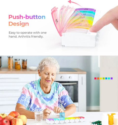 Pill Box | Pill Box | Medicine Box | Pill Box | Sunday to Saturday | 7 Days | 1 Week | Push Button | Multicolor
