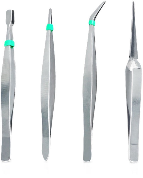 Set of 4 Tweezers | Precision Tweezers | Tweezer Set | Multiuse Tweezers | For Beauty, Nail Art, etc. | Stainless Steel