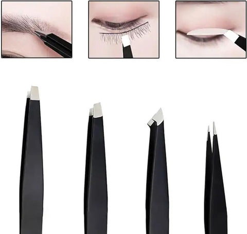 4-Piece Eyebrow Plucking Tweezers Set | Eyebrow Hair Removal | Tweezers | Facial Hair Removal | Black