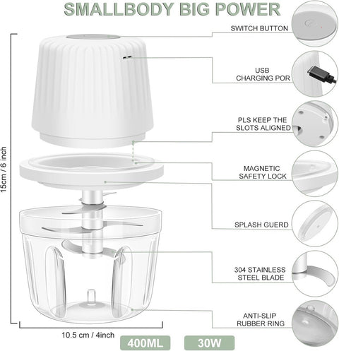 Kitchen Mixer - 400ML Large Capacity - 6 Blades Chopper - USB Rechargeable - Kitchen Must-Have for Home Use