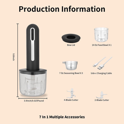 Food Processor - Cordless and USB-C Rechargeable - 4 Cups for Portion Control - Powerful Stainless Steel Blade - for Small Kitchens and Camping