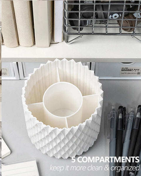 Pen Holder - Multifunctional - Makeup Brush Holder 5 Compartments - Aesthetic Design for Home Office Students - White