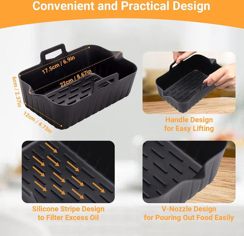 2 Airfryer Silicone Trays - Airfryer Accessories - BPA Free - Baking Paper Alternative - Airfryer Trays - Airfryer Liner - Rectangular - Airfryer Silicone Baking Paper - 17.5x12x6 Cm - Baking Mold - Black - Sustainable - Non-Stick - Dishwasher Safe