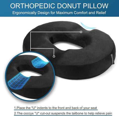 Donut Pillow-Hemorrhoid Pillow-Memory Foam Pillow for Pregnancy-Coccyx-Orthopedic & Ergonomic For Car And Office Chair-Beds, Back, Sciatica-45*34*7 CM-Black