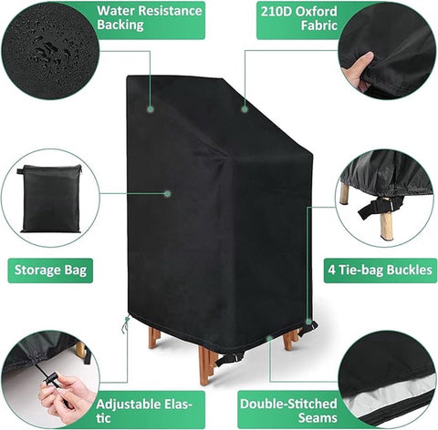 2-Piece Garden Chair Cover - Garden Chair Protective Cover - Durable - Waterproof - With Buckle and Drawstring - Dustproof - Anti-UV - Protect - Fixed - Stackable Chair Storage Cover - Chair Cover - Handles on Both Sides - 64*64*120 cm - Black