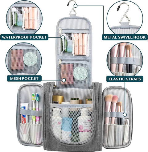 Toiletry Bag with Hook - For Women and Men - Hanging Toilet Travel Bag with Hook - Hanging - Travel & Camping Suitcase Accessories - Toiletry Bag for Women & Men - Makeup Bag with Mesh, Waterproof Pockets - Grey