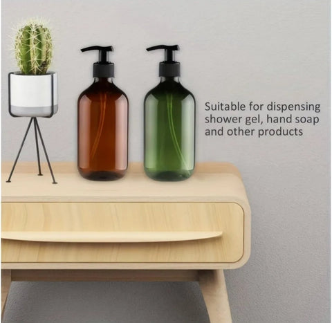 Set of 4 Pump Bottles, 500 ML, plastic soap dispenser Transparent brown, refillable shampoo bottle.