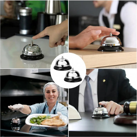 Table Bell - 2 Pieces - Reception Bell - Small Table Bell - School Bell - Counter Bell - Hotel Bell - Butler Bell - Kitchen Bell - Hospitality Bell - Santa Claus Bell - Stainless Steel - 9 Cm - Loud Sound - Bell - Silver/Black