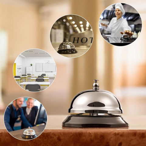 Table Bell - 2 Pieces - Reception Bell - Small Table Bell - School Bell - Counter Bell - Hotel Bell - Butler Bell - Kitchen Bell - Hospitality Bell - Santa Claus Bell - Stainless Steel - 9 Cm - Loud Sound - Bell - Silver/Black