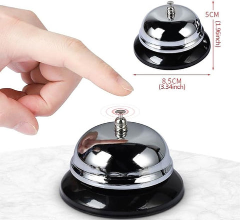 Table Bell - 2 Pieces - Reception Bell - Small Table Bell - School Bell - Counter Bell - Hotel Bell - Butler Bell - Kitchen Bell - Hospitality Bell - Santa Claus Bell - Stainless Steel - 9 Cm - Loud Sound - Bell - Silver/Black
