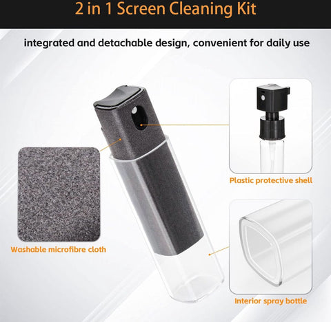 Screen Cleaner - Refillable - 2 In 1 Screen Cleaner - Monitor Cleaner - Screen Spray - Cleaning Spray - Cleaning Spray - Microfiber Cloth - Cleaner for Smartphone, Tablet, and Laptop Screens - Travel Kit - Cleaning Kit - Gray