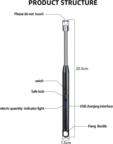 Long Electric Lighter - USB Rechargeable - Kitchen Helpers - USB Electric Stick Lighter - Kitchen BBQ Lighter - For Kitchen, Stove, Camping, Fireworks, Fireplace, Candles, Lighting - Black - 1 Piece