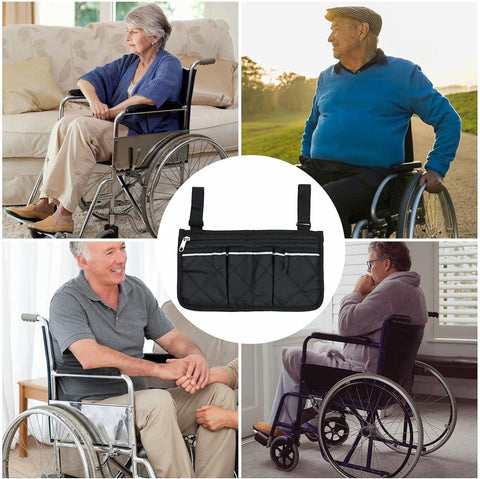 Wheelchair Armrest Storage Bag - Wheelchair Bag with 4 Storage Compartments - 32.5 x 18 cm - Waterproof Armrest Bag - with Safety Reflective Stripe - Universal Wheelchair Side Bag - Wheelchair Bag - Mobility Scooter Bag - Wheelchair Shopping Bag - Black