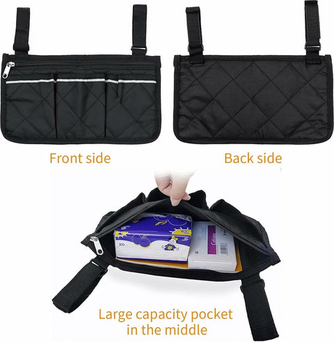 Wheelchair Armrest Storage Bag - Wheelchair Bag with 4 Storage Compartments - 32.5 x 18 cm - Waterproof Armrest Bag - with Safety Reflective Stripe - Universal Wheelchair Side Bag - Wheelchair Bag - Mobility Scooter Bag - Wheelchair Shopping Bag - Black