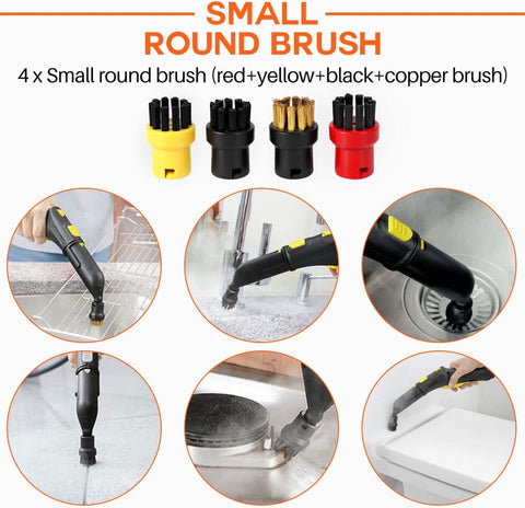 Brush Set for Steam Cleaner - 4 Pieces - Round Brush Set - Suitable for Kärcher SC1, SC2, SC3, SC4, SC5, SC7, CTK10 - Steam Cleaner Brushes - Steam Cleaning Brushes - Powerful Stain Removal - Hard-to-Reach Places