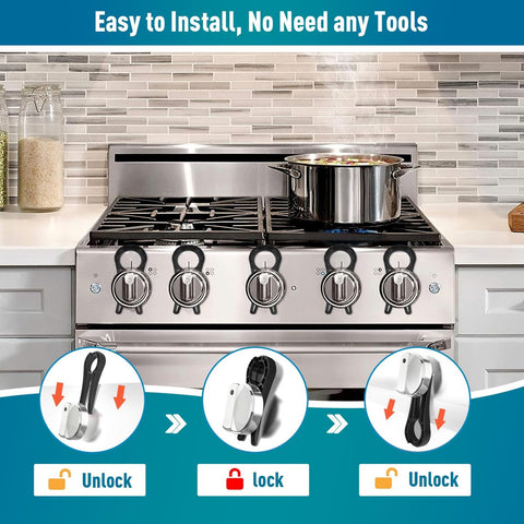Gas Stove Knob Lock - 5 Pieces - Child Lock - Child-Safe Oven Locks - For Children and Pets - Suitable for Gas Stove, Gas/Electric Stove, Electric Oven, Induction Stove, Gas BBQ, Hob - Kitchen Utensils - Black - Child Safety