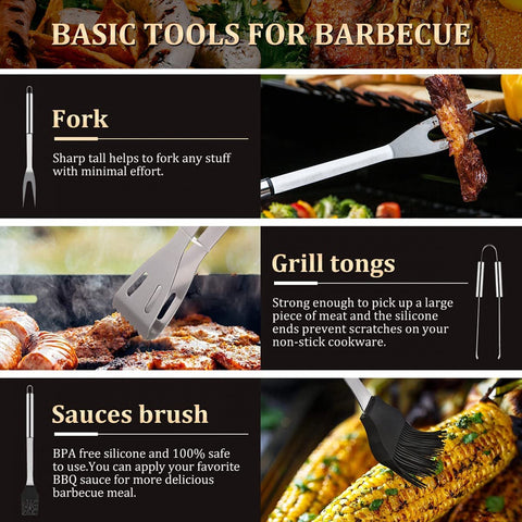 BBQ Accessories Set - 5-Piece BBQ Set - Stainless Steel Barbecue Tool Set - Barbecue Accessories - BBQ Tongs - BBQ Spatula - Meat Fork - Meat Knife - Brush - Professional - Includes Storage Bag
