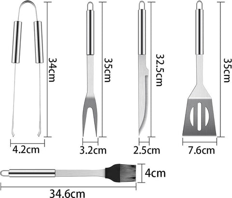 BBQ Accessories Set - 5-Piece BBQ Set - Stainless Steel Barbecue Tool Set - Barbecue Accessories - BBQ Tongs - BBQ Spatula - Meat Fork - Meat Knife - Brush - Professional - Includes Storage Bag