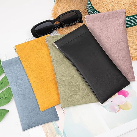 Glasses Bag - 5 pieces - Sunglasses storage case for men and women - Glasses storage bag with automatic spring bar closure - Portable - 180*90mm - Leather glasses bag (Pink/Orange/Blue/Green/Black)