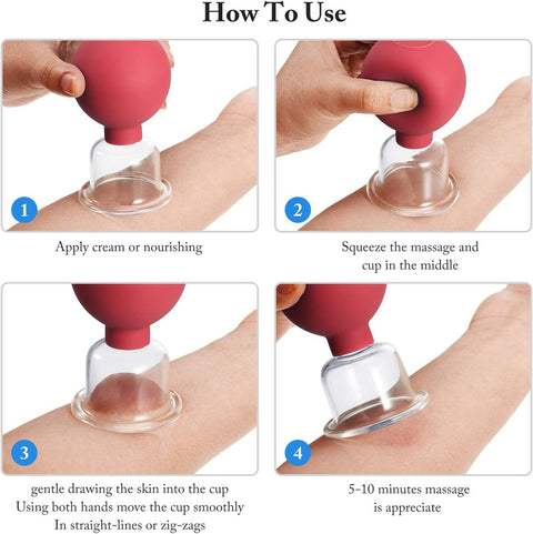 4-Piece Cupping Set - Silicone Face Cups - Cellulite Cups - Glass Facial Cupping Set - Facial Cupping - Vacuum Massage Therapy - Face Cupping - Massage Cups - cups for body, face, leg, arm, back, shoulder, muscle and joint pain - Red