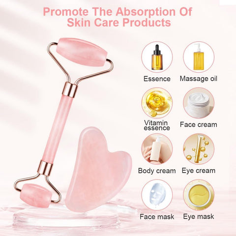 Rose Quartz Jade Roller & Gua Sha Stone - Facial Roller & Gua Sha Set - Natural Jade Roller - Facial Roller - Jade Roller - Facial Massage - for Lymphatic Drainage, Anti-Aging, Wrinkle Reduction, Anti-Puffiness & Radiant Skin